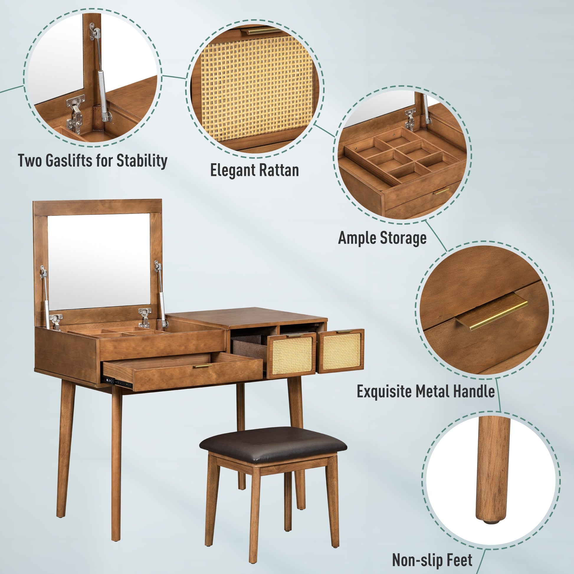 Classic Wood Flip-Top Vanity & Stool Set (43" Width) - - Table