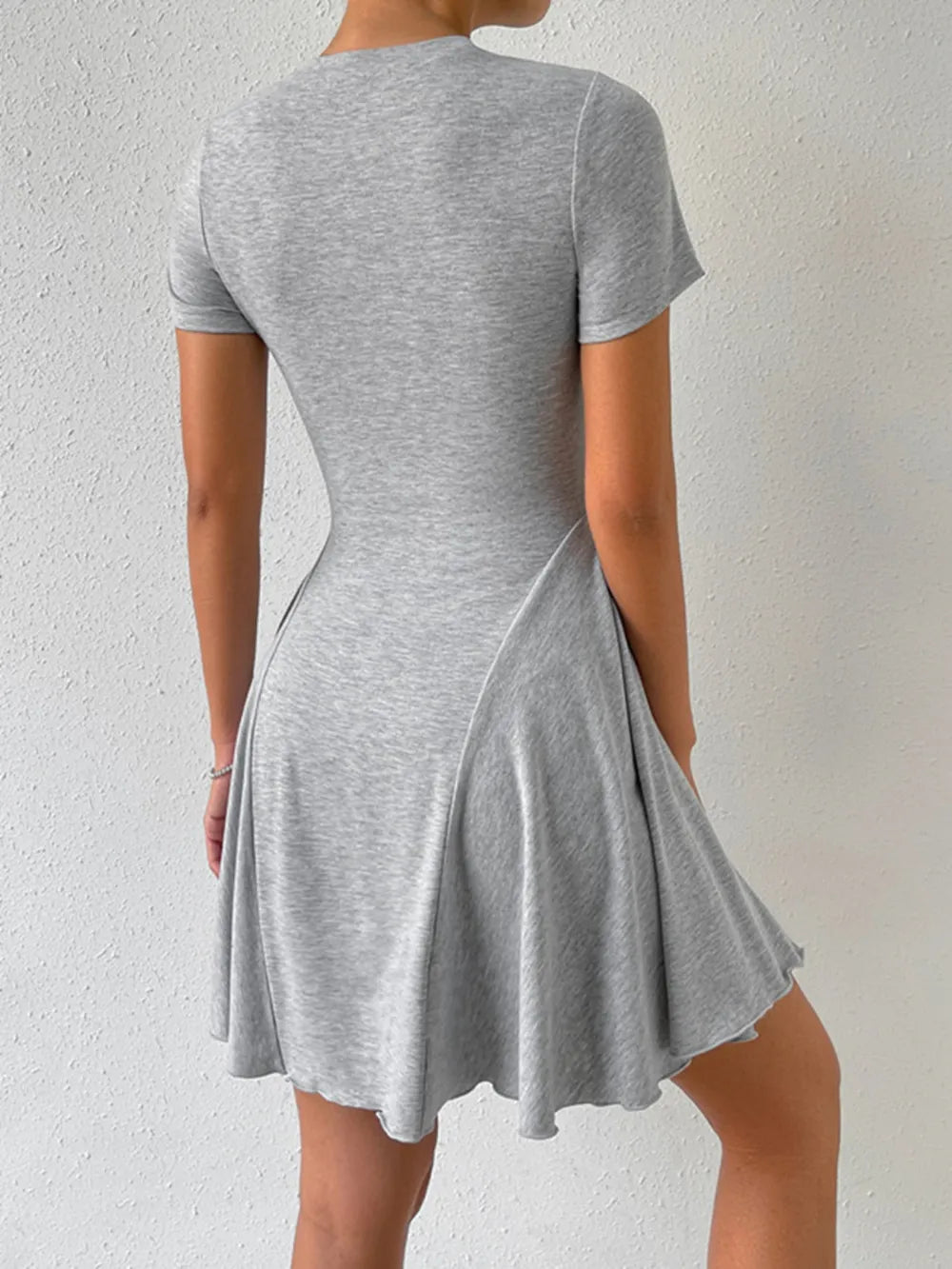 Round Neck Short Sleeve Mini Dress - -