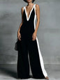 Deep V-Neck Wide-Leg Jumpsuit - Black -