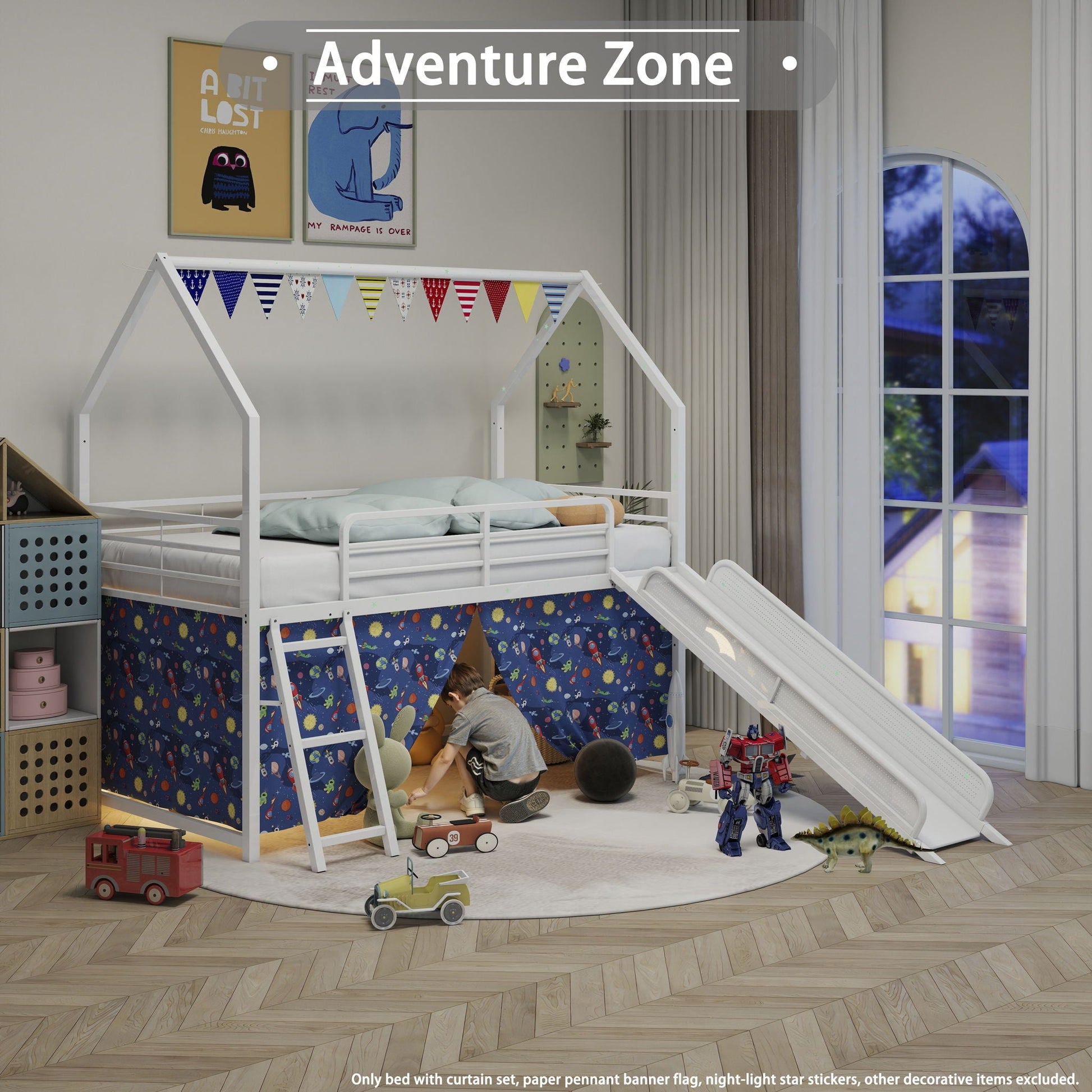Jack - House Loft Bed With Slide And Curtain Set- HouseOfZazla- {{Product type}}