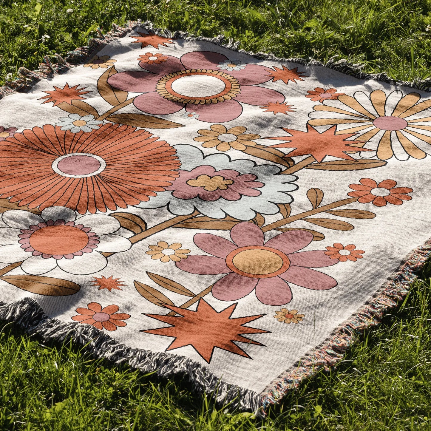 Recycled Cotton Throw Woven Blanket Flowers Design Blanket