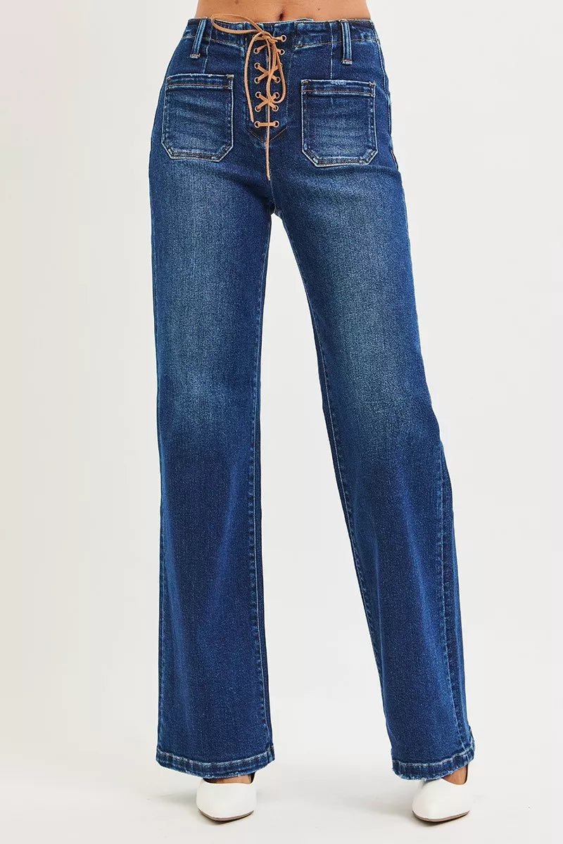 RISEN Full Size High Rise Wide Leg Jeans with Front Tie - - jeans