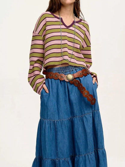 Stripes Waffle Texture Notched Neck Long Sleeve Top - -