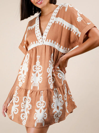 Printed V-Neck Short Sleeve Mini Dress - Camel -