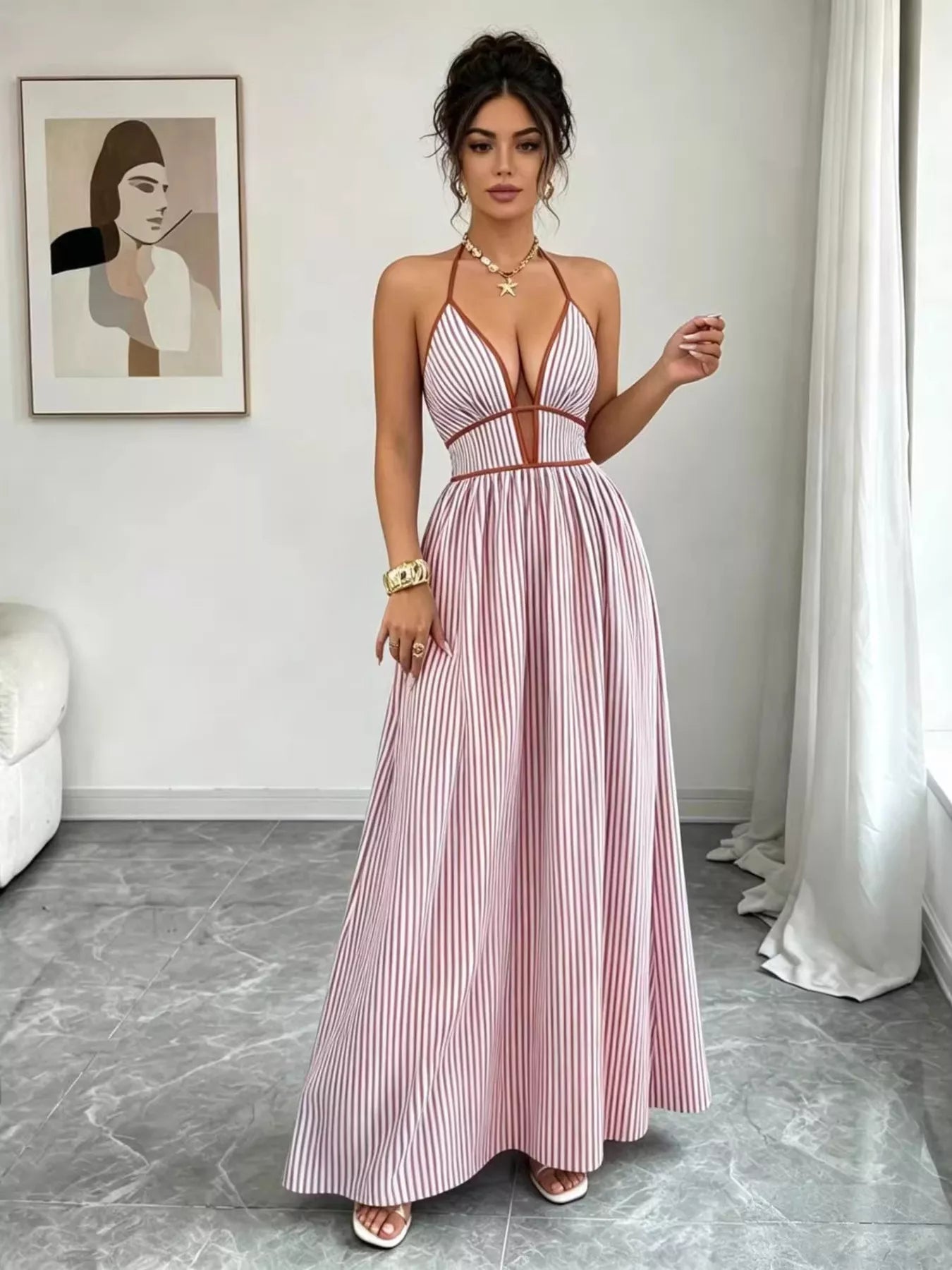 Striped Halter Neck Maxi Dress - -