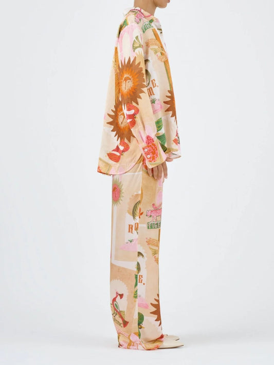 Animal Print Button Up Shirt and Pants Set - - pants set