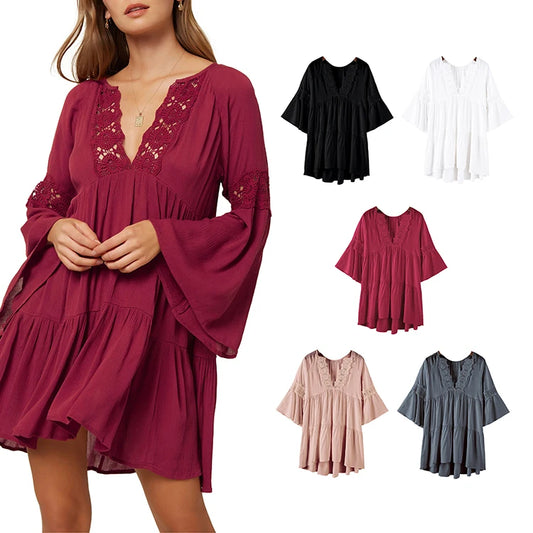 V-Neck Long Sleeve Women Dress Loose Chiffon Blouse