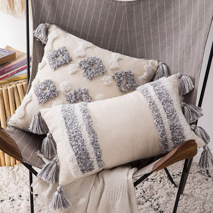 Cotton Macrame Pillow Case Woven Tufted Throw Pillow Cover With Tassel