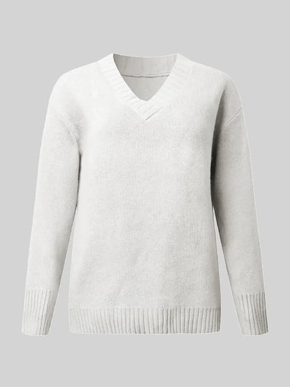 V-Neck Long Sleeve Knit Top - -