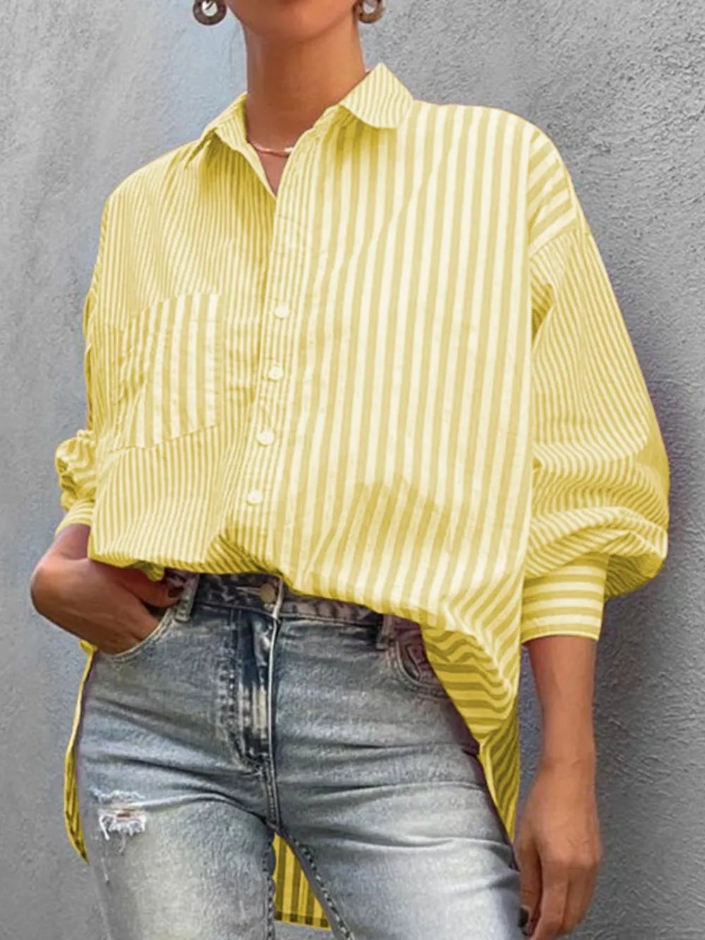 Striped Button Down Long Sleeve Shirt - Light Yellow -