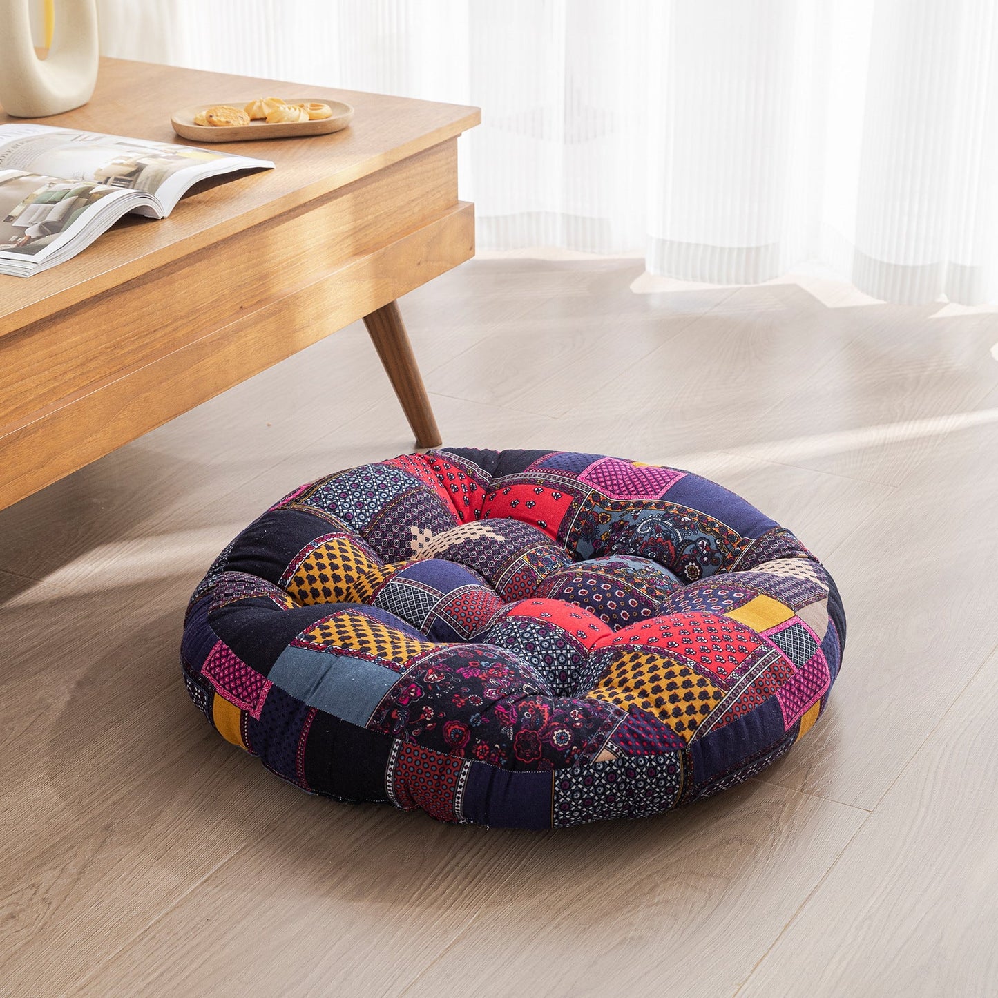 Japanese-Style Cotton Futon Floor Cushion (Round or Square) - Round 1 Style - Floor Cushion