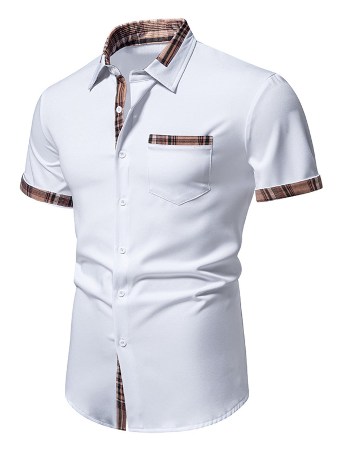 Men's Short Sleeve Plaid Trim Shirt - -