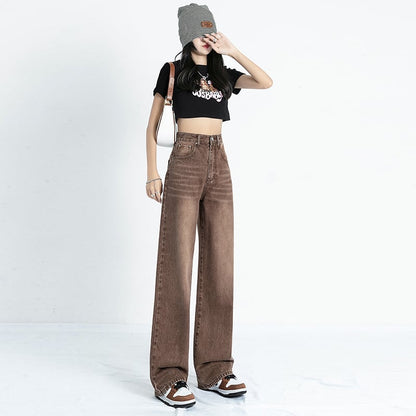 High Waist American Style Retro Straight Jeans - Brown lengthened S - Women's Fashion - Women's Clothing - Bottoms - Jeans