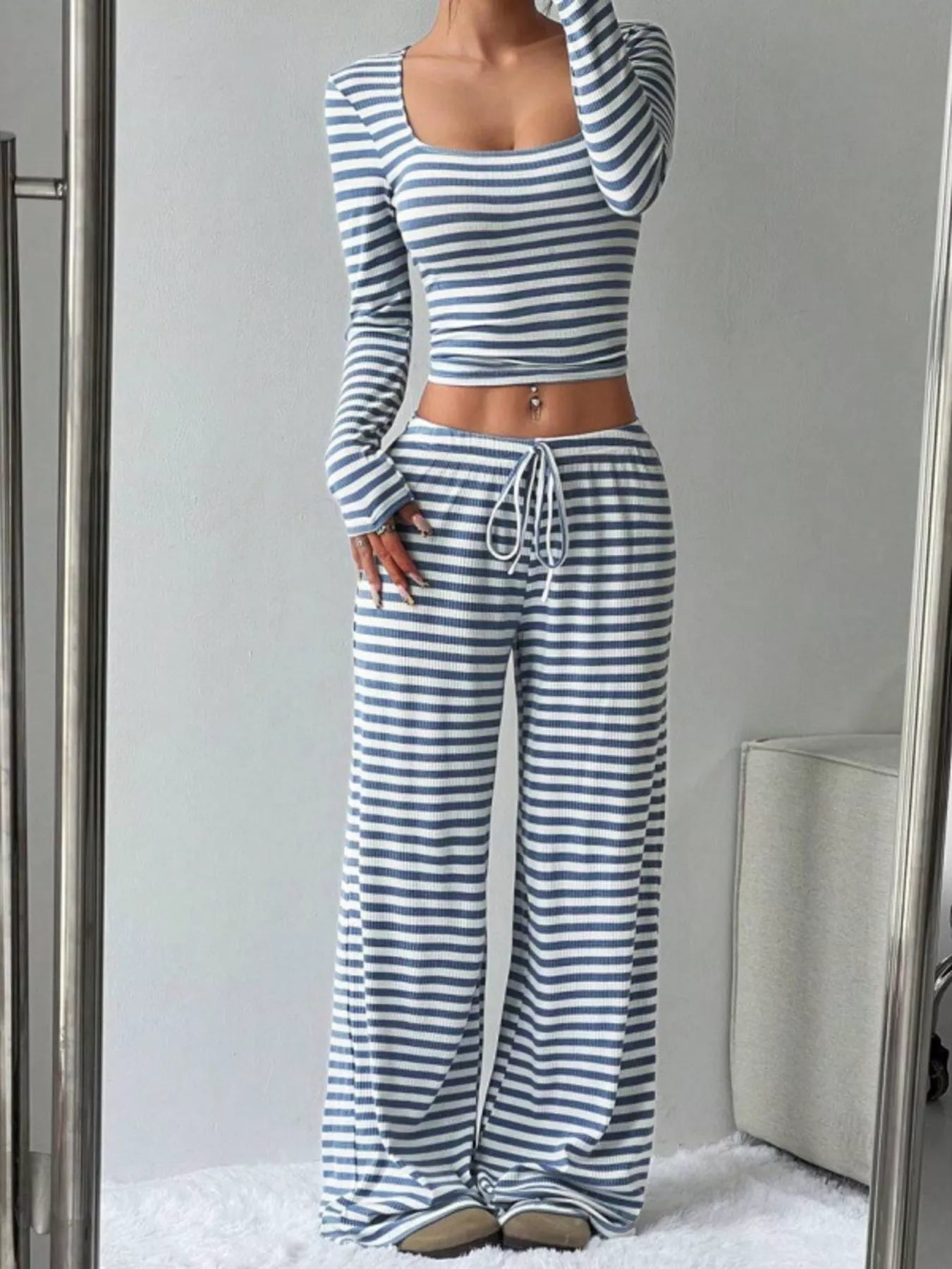 Striped Long Sleeve Crop Top & Wide Leg Pants Set- Shopimist- {{Product type}}