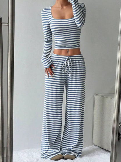 Striped Long Sleeve Crop Top & Wide Leg Pants Set- Shopimist- {{Product type}}