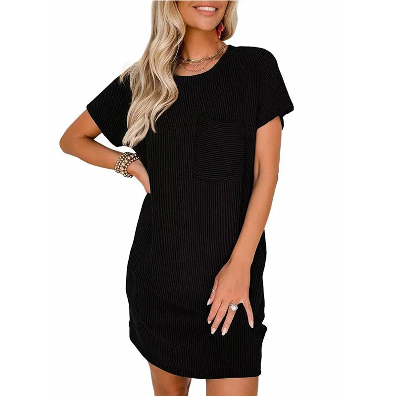 Women's Summer Casual Contrast Color Twisted Short Sleeve Dress With Pocket