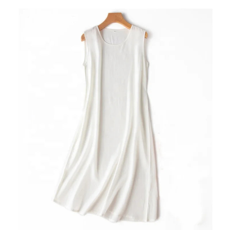 Silk Dress Crepe Dechine Solid a Line Sleeveless O Neck Tank Dresses