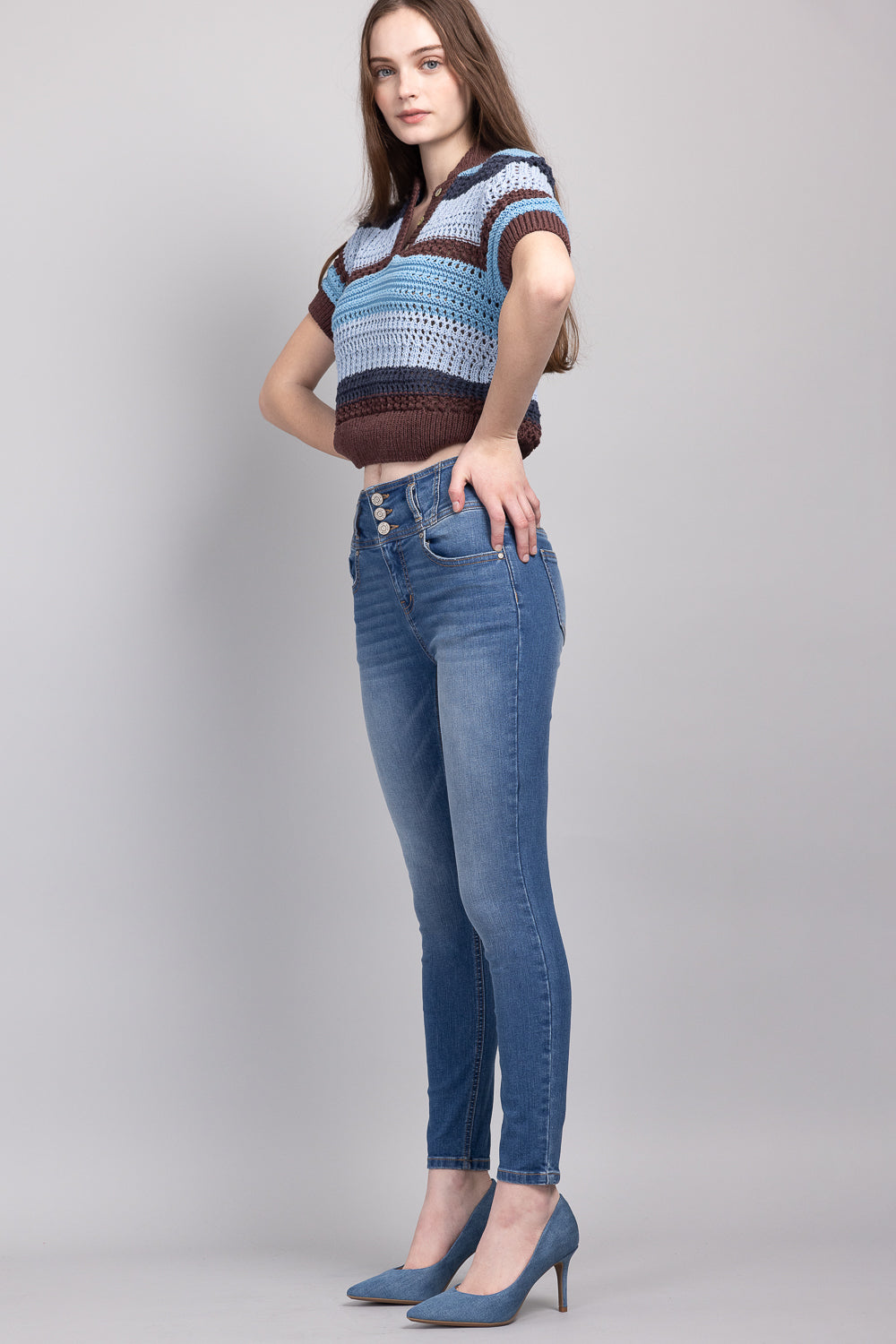High Rise 3 Button Ankle Skinny Jeans - - Pants