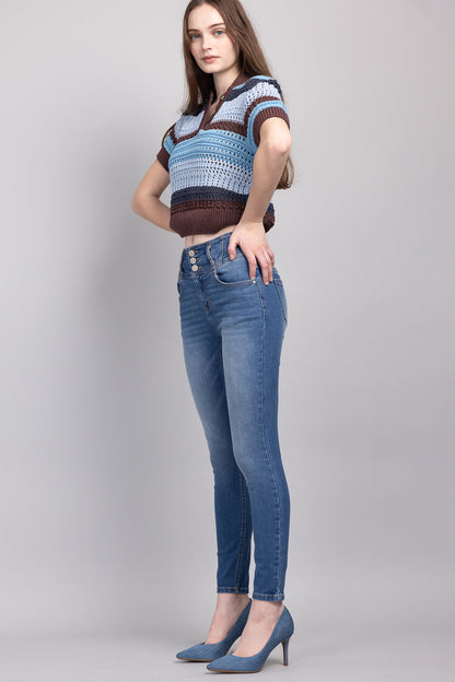 High Rise 3 Button Ankle Skinny Jeans - - Pants