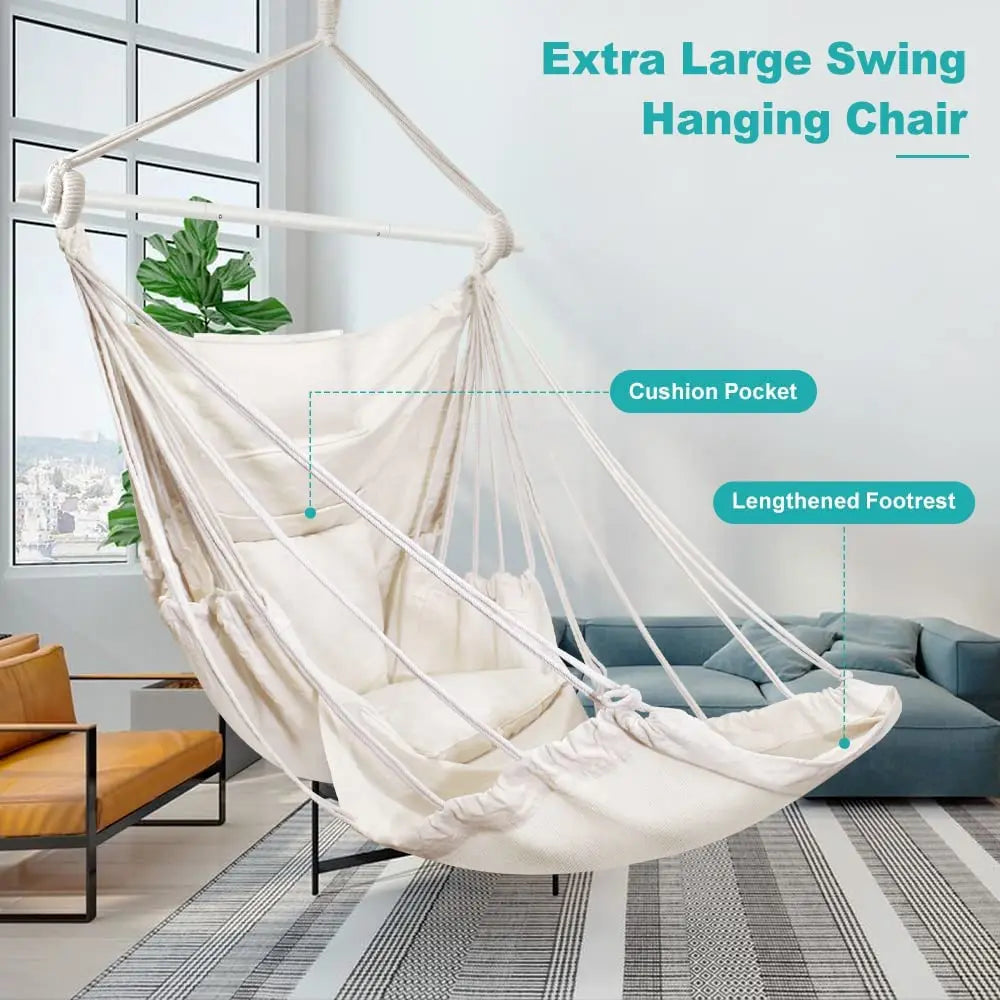 Indoor Outdoor Hammock Chair With 3 Cushions and Foot Rest Support