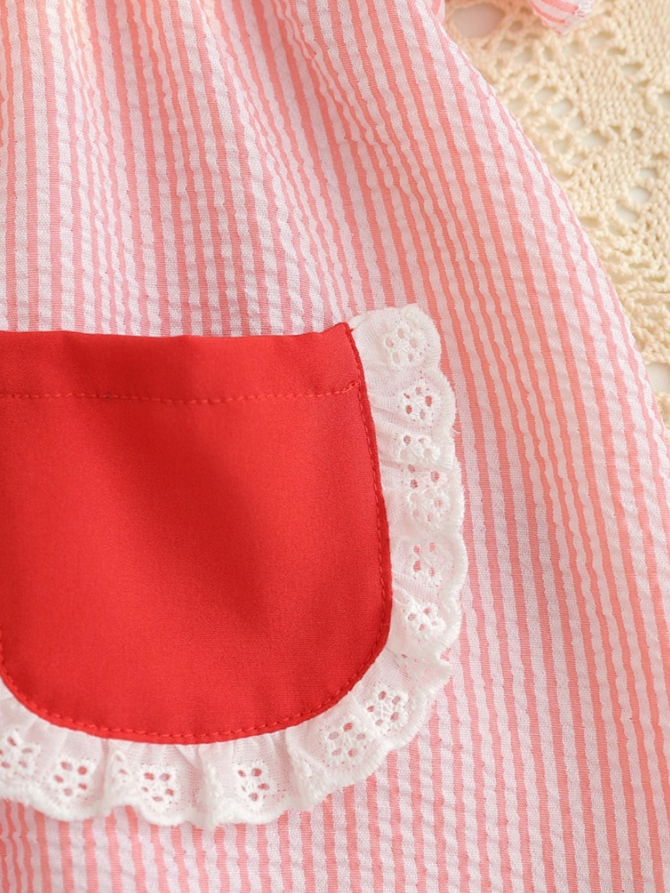 Children's Fruit Embroidered Striped Short Sleeve Dress - -