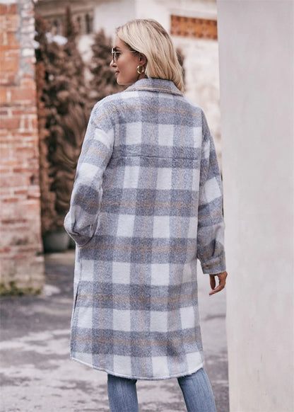 Long Jacket Women's New Pocket Plaid Long Coat Loose Mohair Long Plaid Coat