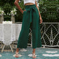 Solid Slant Pocket Belted Pant Women Trousers High Waist Casual Wide Leg Pants Green