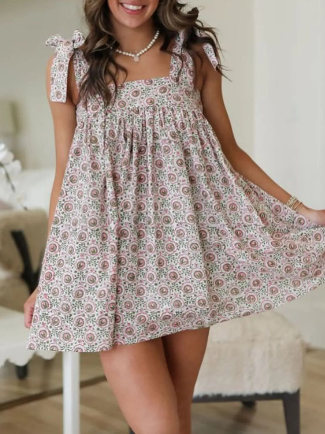 Printed Square Neck Tie Shoulder Mini Dress - -