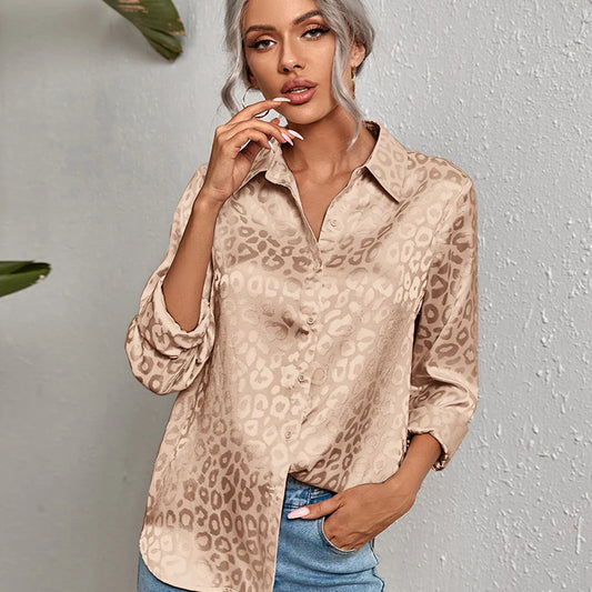 Open Button Leopard Jacquard Temperament Commuter Long Sleeve Blouse