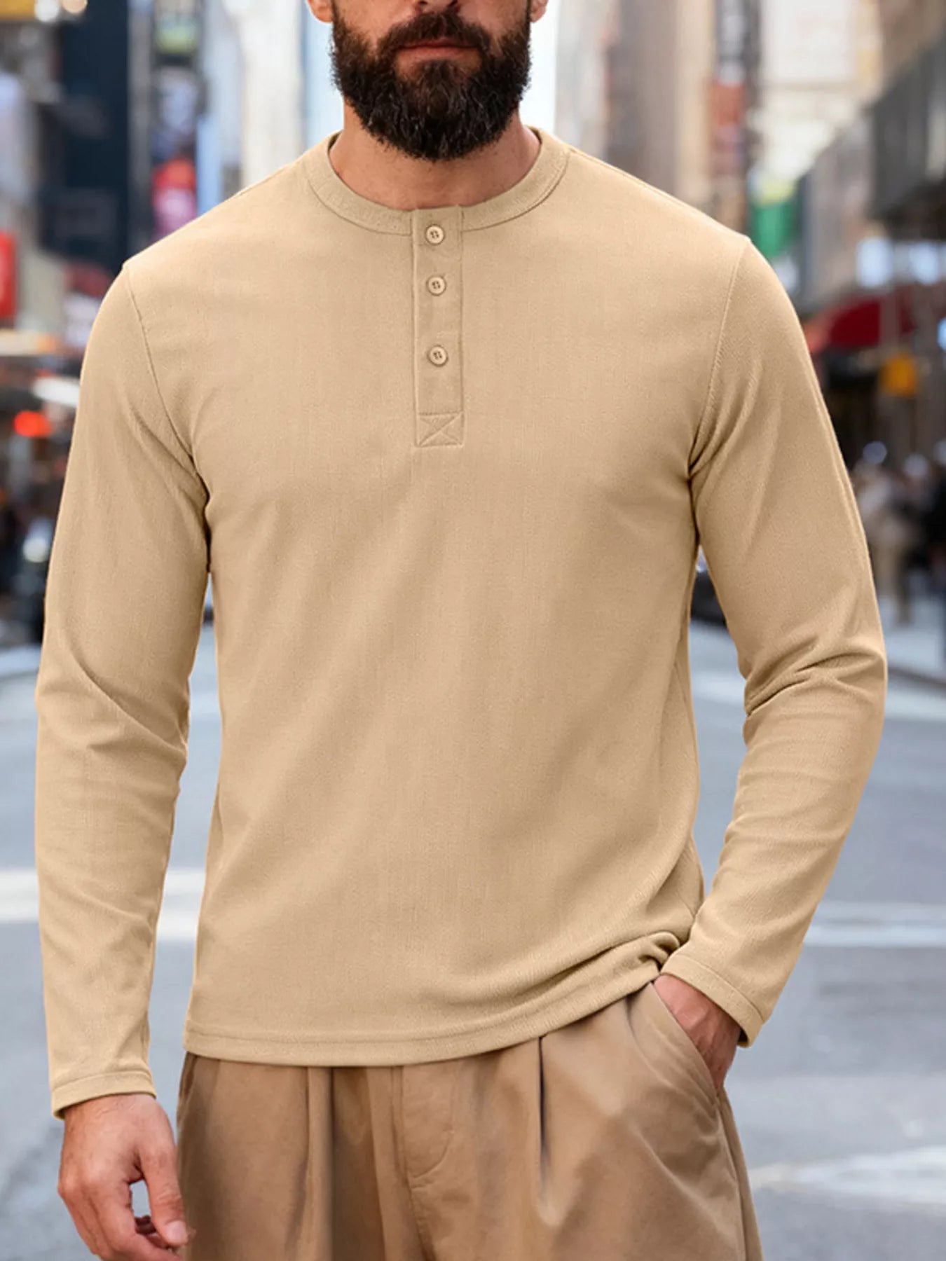 Men's Full Size Casual Long Sleeve Henley T-Shirt Plus Size - -
