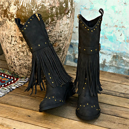 Women's Western Cowgirl Boots Wide Pointed Toe Mid Calf PU Leather Tassel Boots