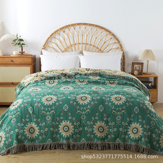 Cotton Gauze Tassel Throw Blanket - Small Golden Cup Green 150x200cm - blanket