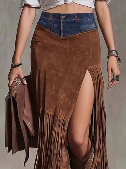 Denim Patchwork Fringe Maxi Skirt - -