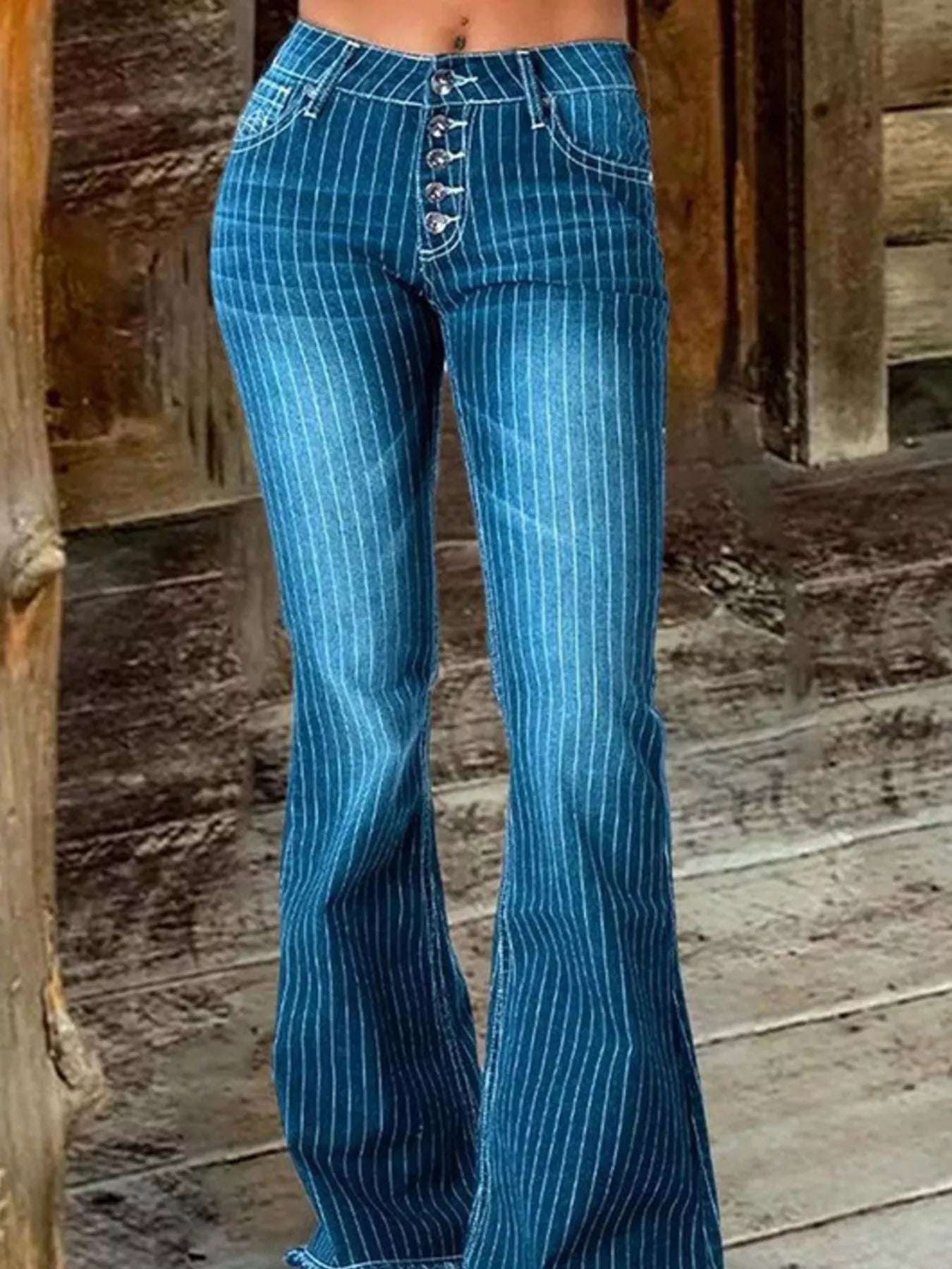 Striped Button Fly Flare Jeans - Blue -