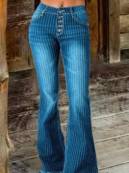 Striped Button Fly Flare Jeans - Blue -
