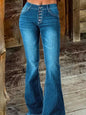 Striped Button Fly Flare Jeans - Blue -