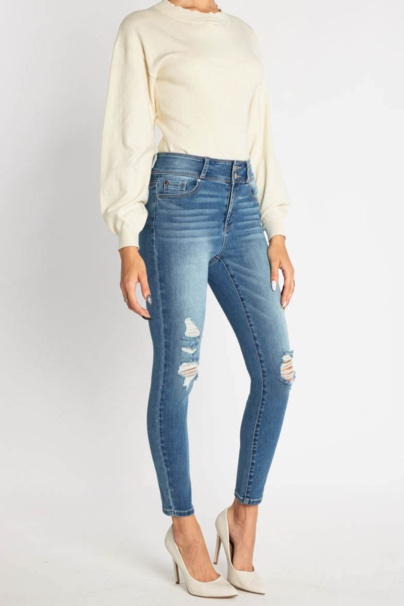 High Rise Destructed Skinny Jeans - - Skinny Jeans