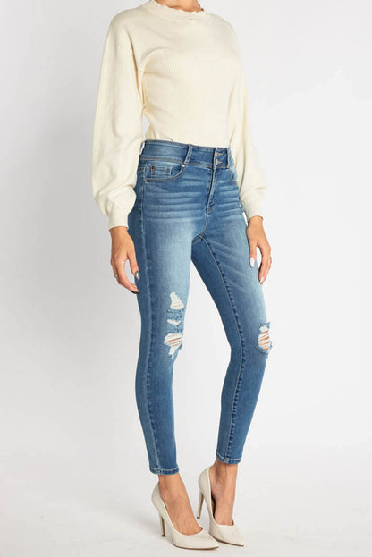 High Rise Destructed Skinny Jeans - - Skinny Jeans