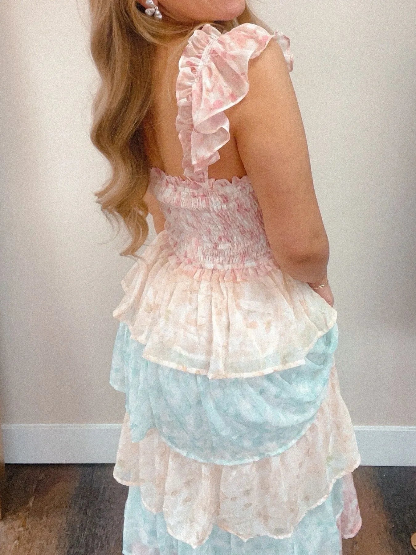 Smocked Ruffle Layered Floral Midi Dress - -
