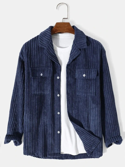 Men's Full Size Corduroy Button Up Long Sleeve Jacket Plus Size - Dark Blue -