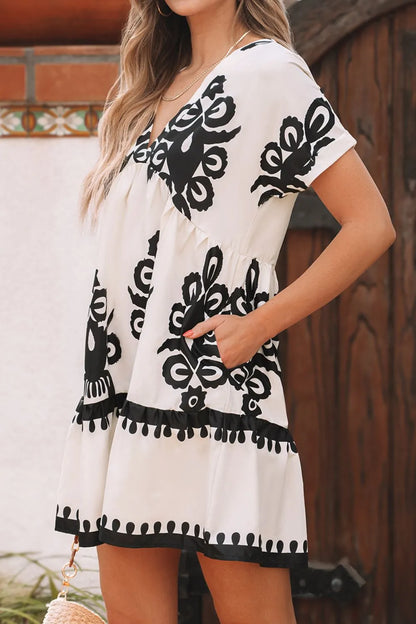 Printed V-Neck Short Sleeve Dress - -