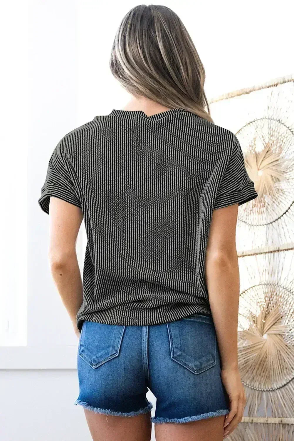 Pink Corded Colorblock Pocket Crew Neck T Shirt - - T Shirts