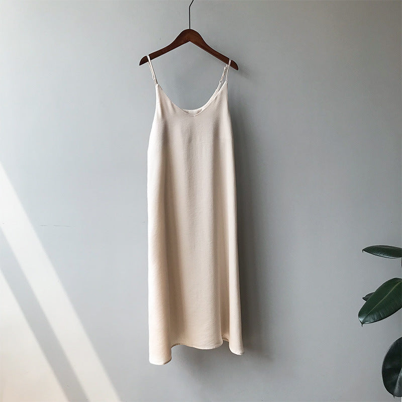 Silk Chiffon Vintage Long Dress with Spaghetti Straps - Apricot L - dress