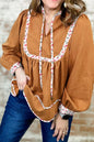 Floral Trim Long Sleeve Blouse - Ochre -