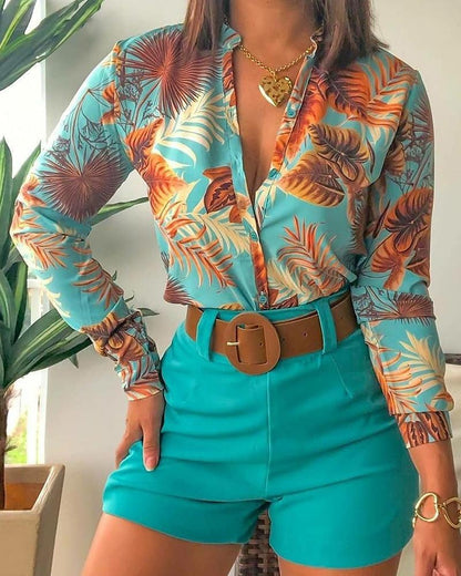 Long-Sleeved Women 2 Piece Shirt and Pants Set Blouse