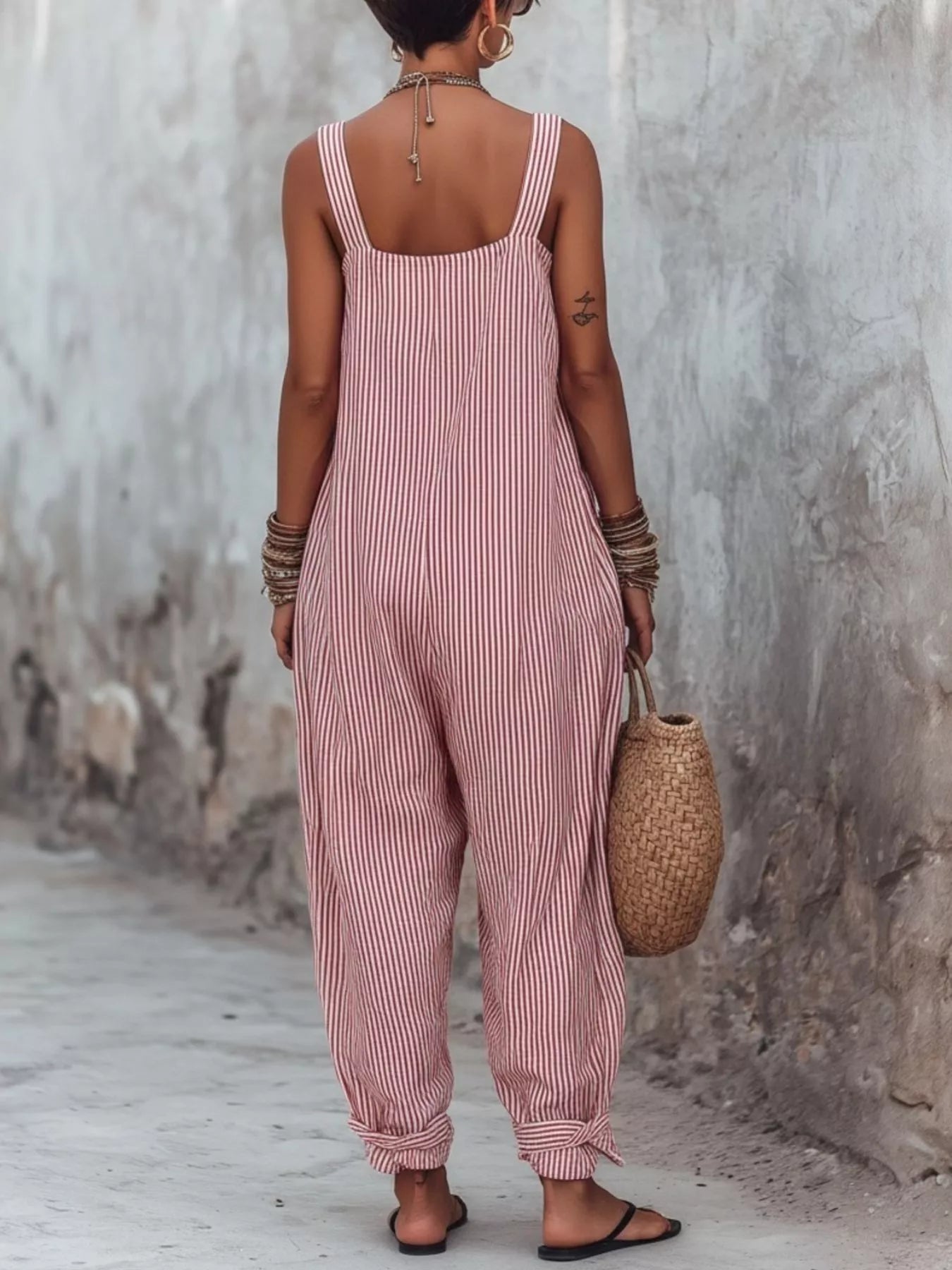 Full Size Striped Wide-Leg Jumpsuit Plus Size - -
