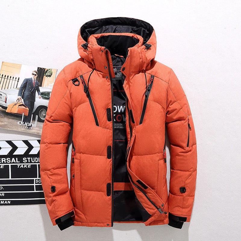 Mens Short Down Jacket with Hood - Orange M - Coat