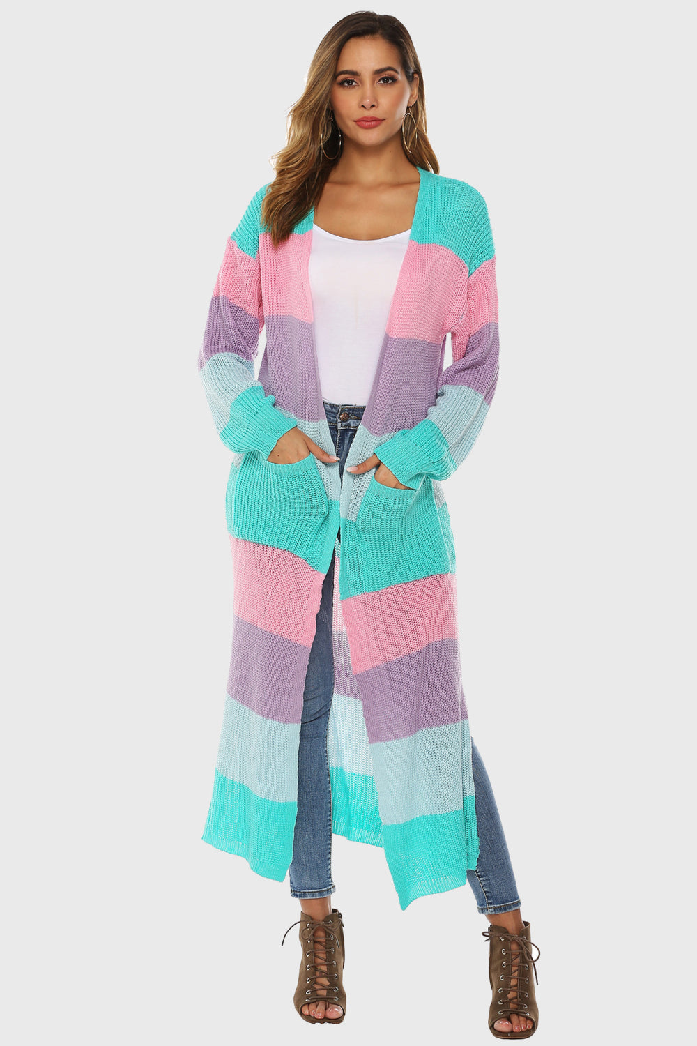 Color Block Long Sleeve Pocketed Cardigan - Aqua -
