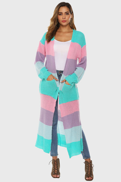 Color Block Long Sleeve Pocketed Cardigan - Aqua -