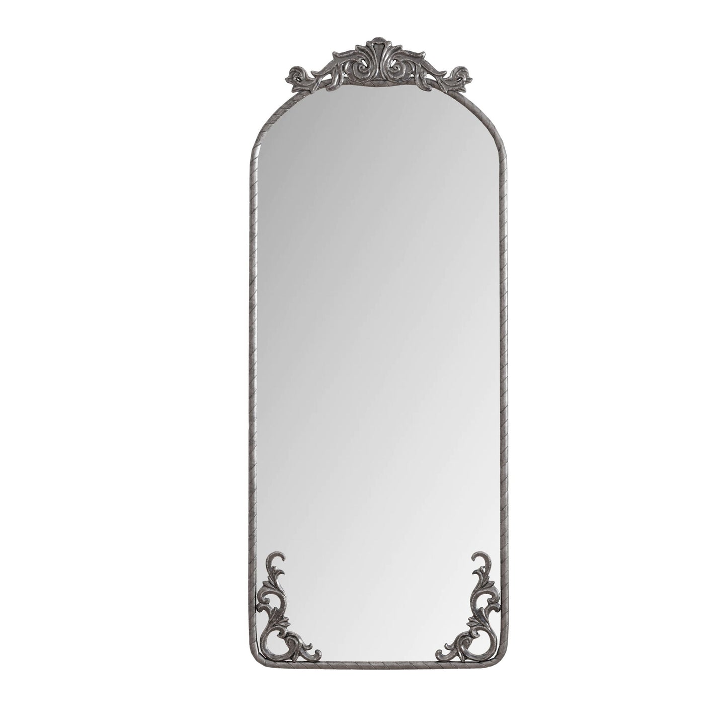 Full Body Arched Mirror With Vintage Carved Applique - Pearl Silver - Wall Mirrors